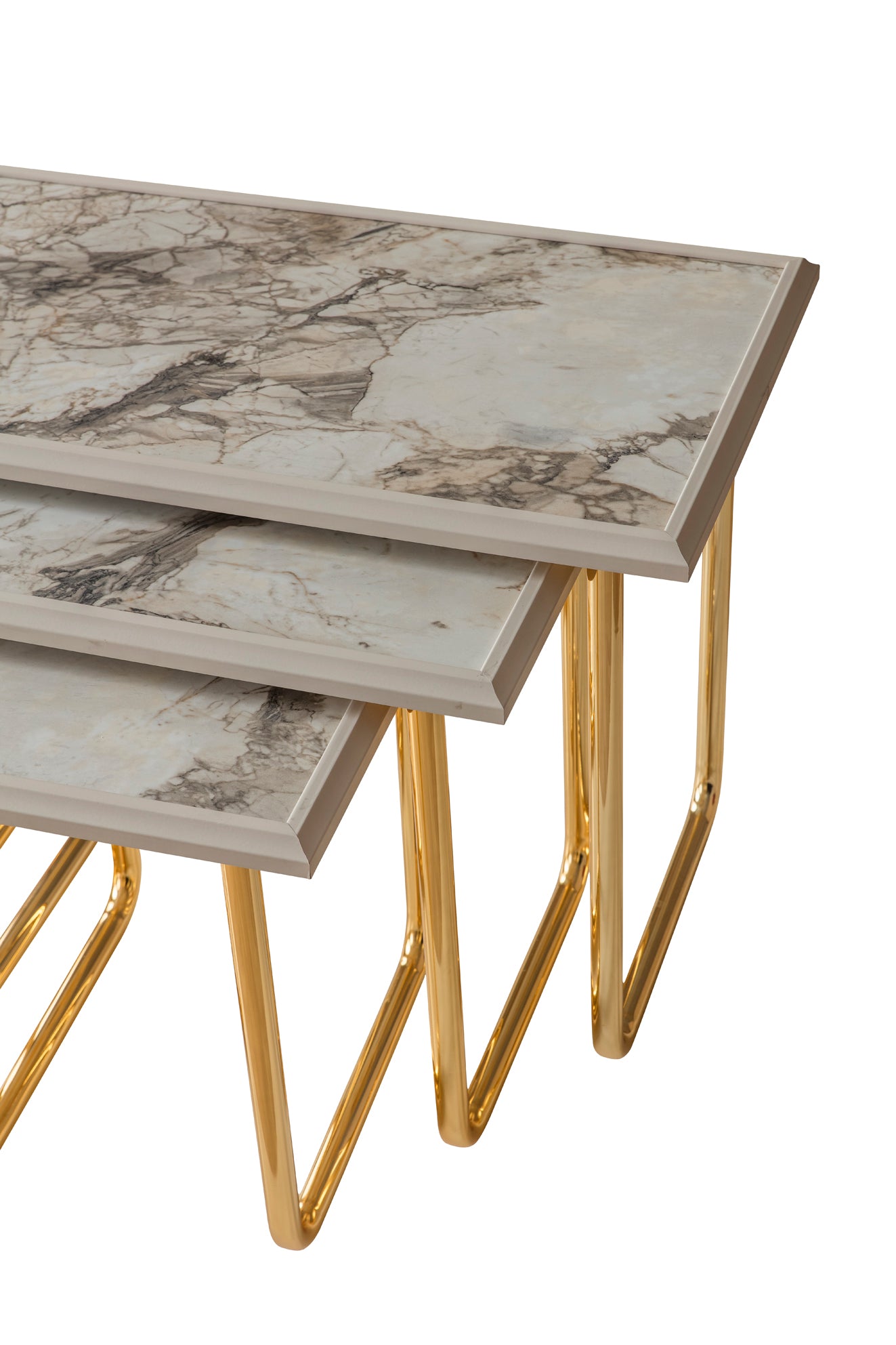 Emirgan Zigon – Altın Ayaklı Lüks Mermer Sehpa (3'lü Set)