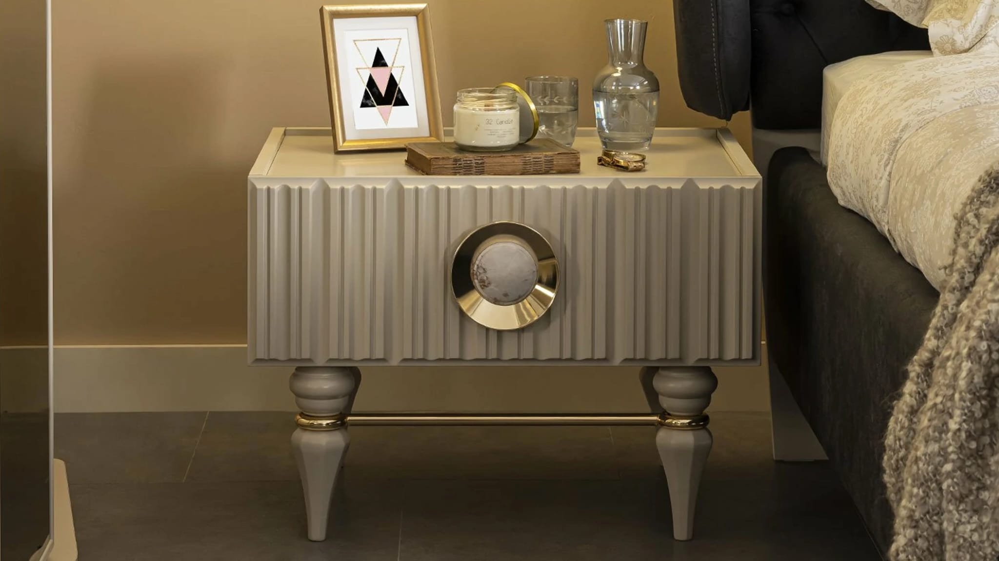 Emirgan Bedside Table – Luxury Taupe & Gold Nightstand