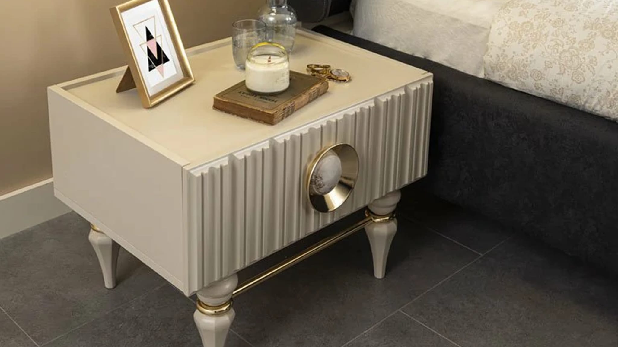 Emirgan Bedside Table – Luxury Taupe & Gold Nightstand