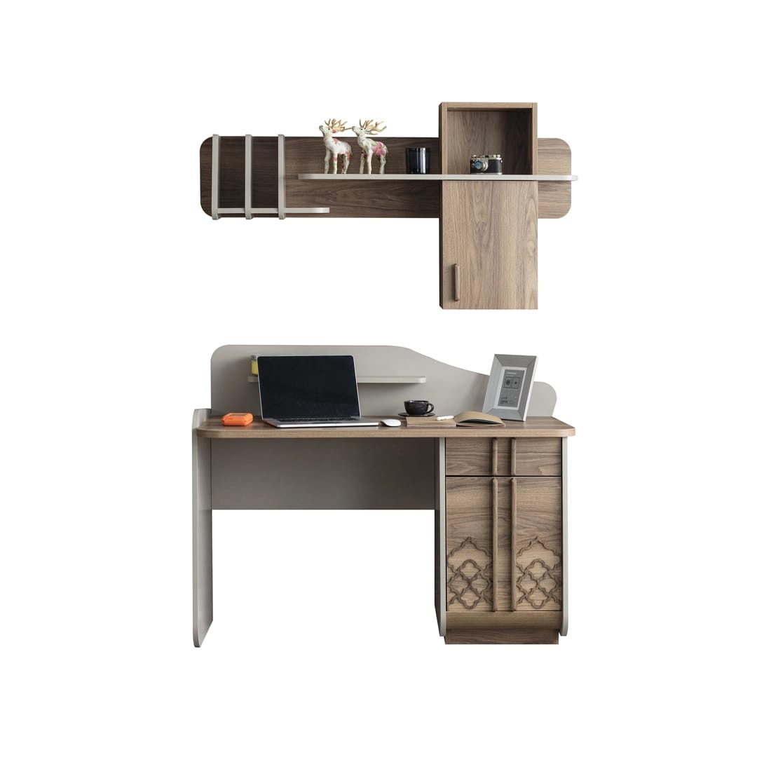 Vega Workstation – 2-Piece Desk & Wall Shelf Set | Modern Walnut & Cream Teen Study Station