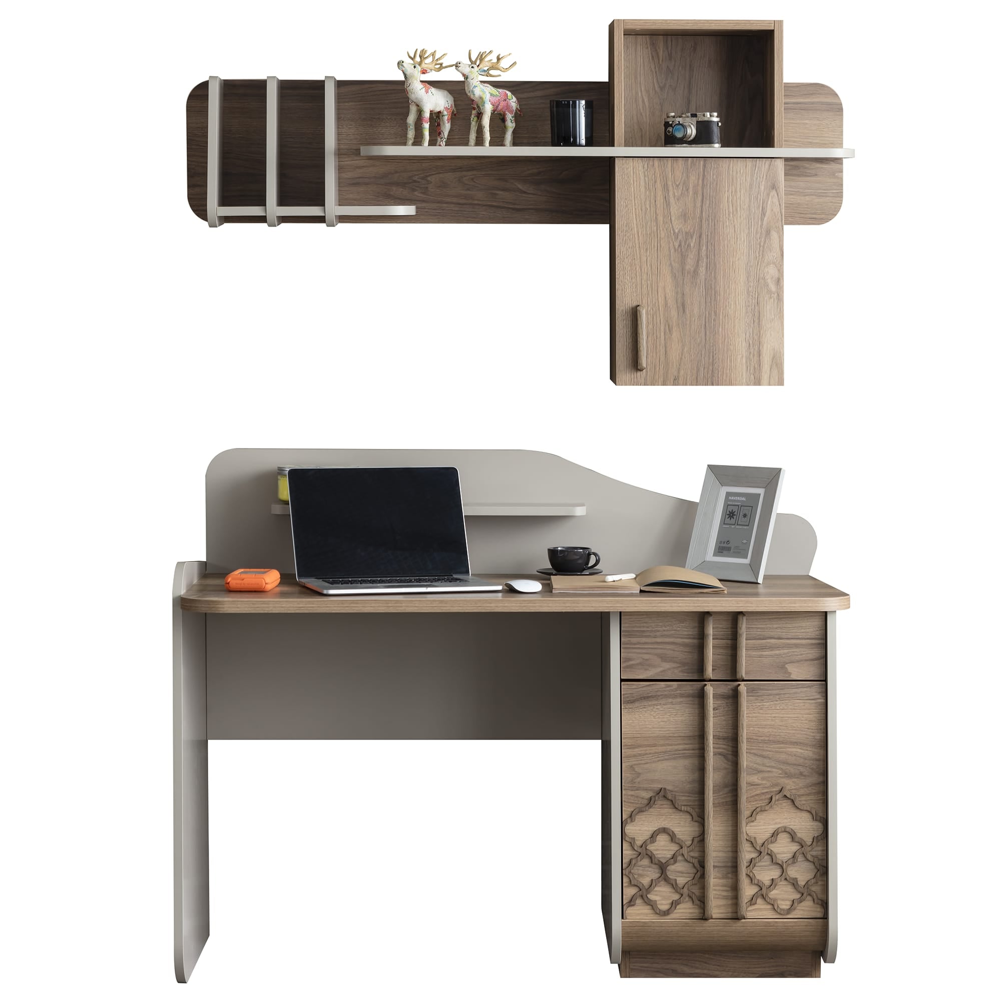 Vega Workstation – 2-Piece Desk & Wall Shelf Set | Modern Walnut & Cream Teen Study Station
