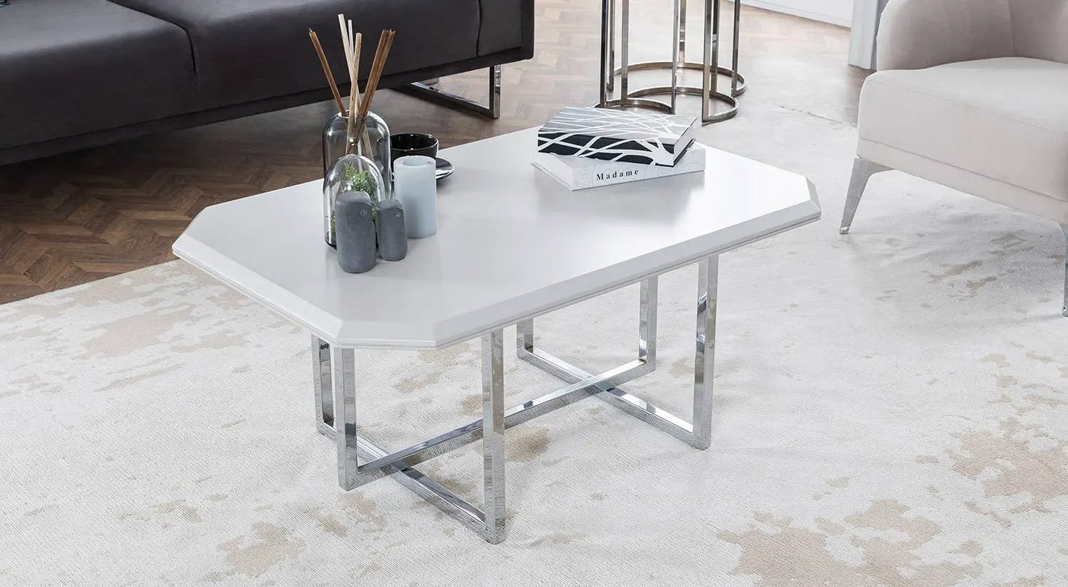 Natura Coffee Table – White Gloss & Chrome Designer Centre Table