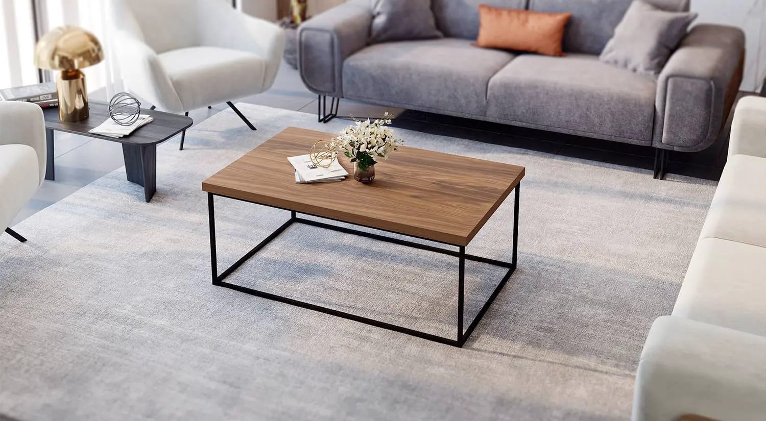 Basic Minimalist Coffee Table – Walnut & Black Frame