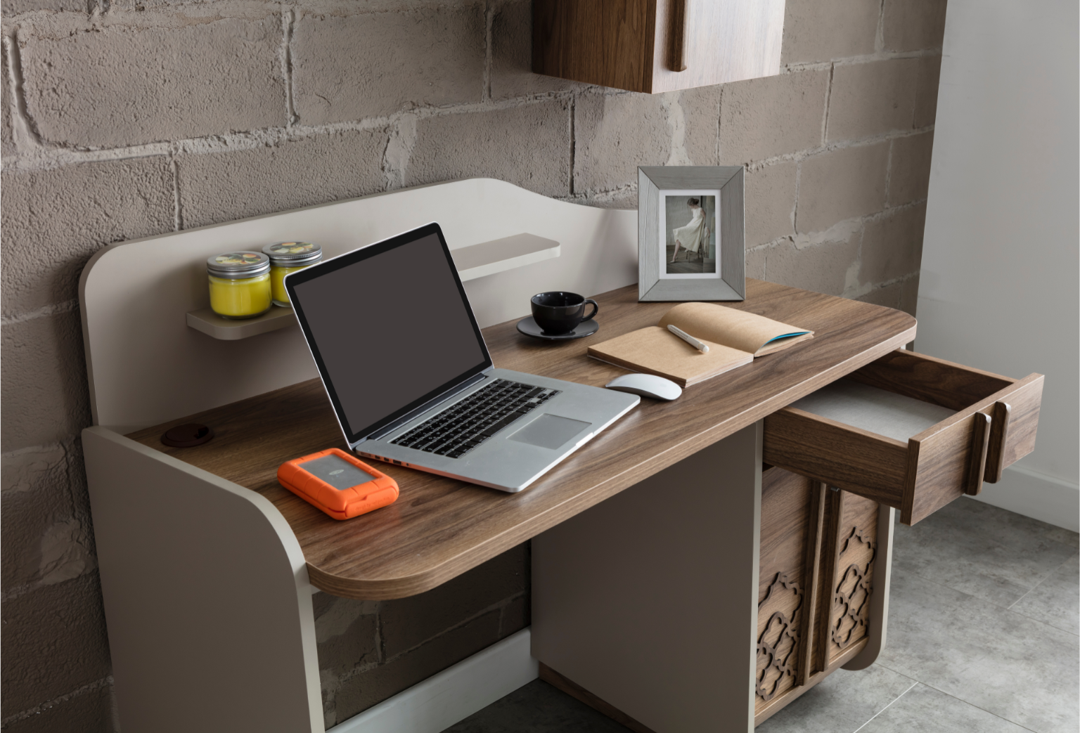 Vega Workstation – 2-Piece Desk & Wall Shelf Set | Modern Walnut & Cream Teen Study Station