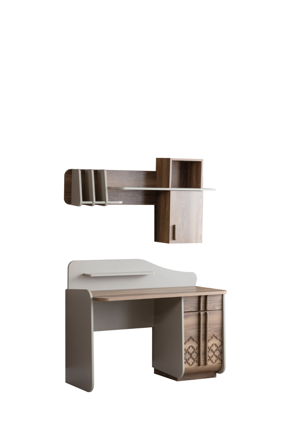 Vega Workstation – 2-Piece Desk & Wall Shelf Set | Modern Walnut & Cream Teen Study Station