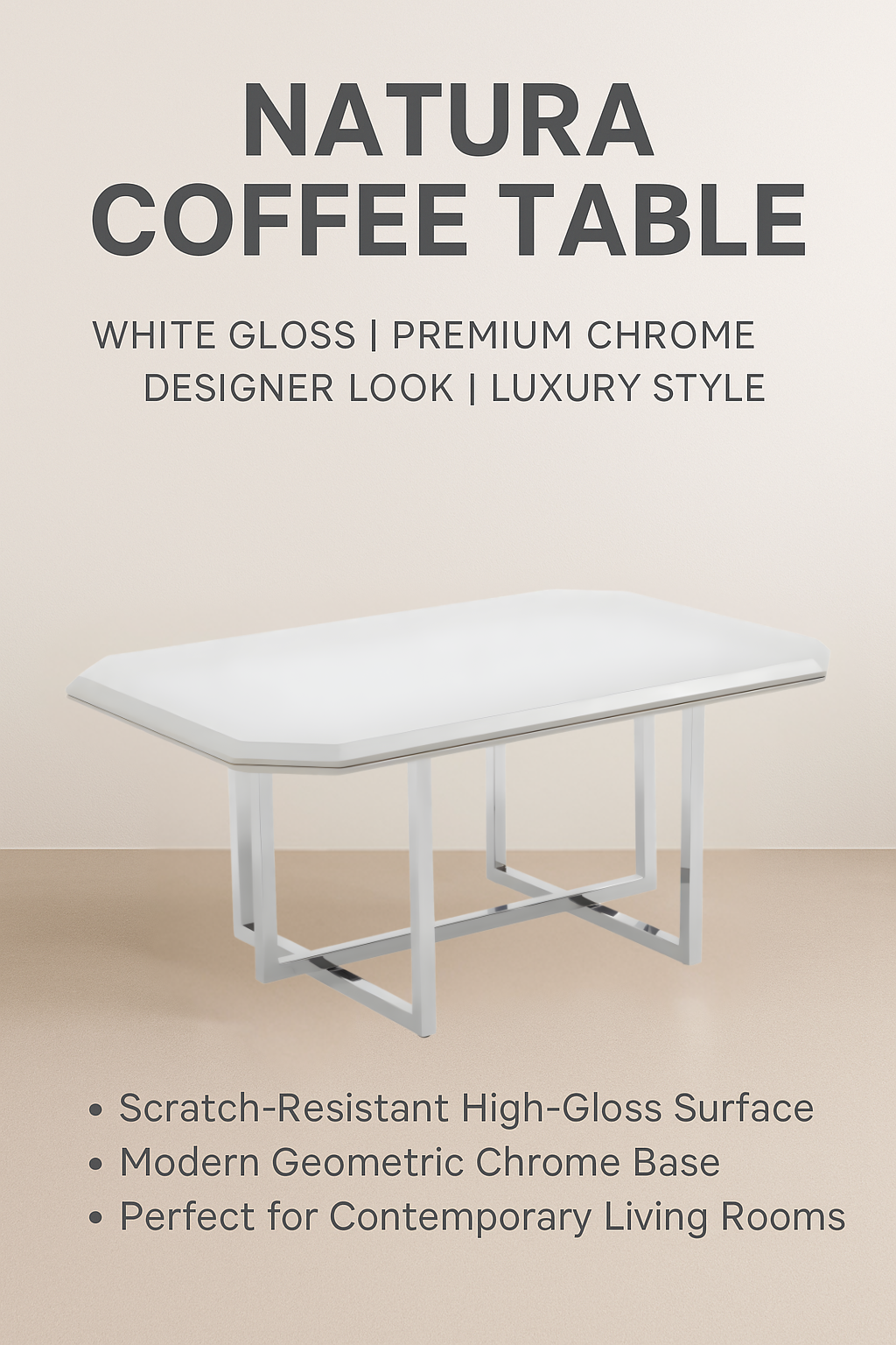 Natura Sehpa – Beyaz Parlak ve Krom Tasarımcı Orta Sehpa