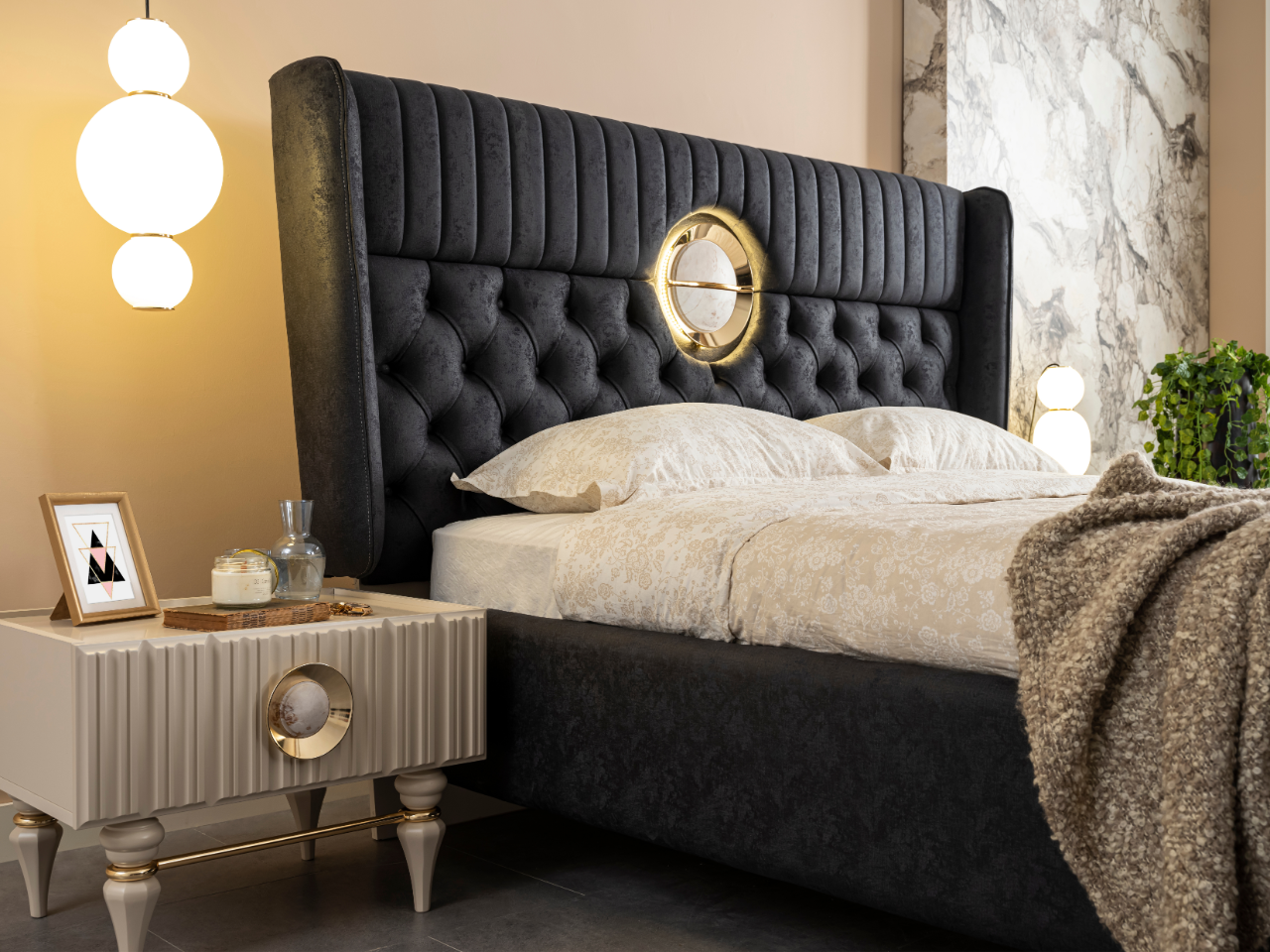 Emirgan Bedside Table – Luxury Taupe & Gold Nightstand