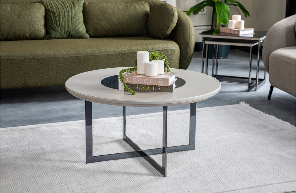 Pamukkale Yuvarlak Sehpa (Yumuşak Bej ve Krom)