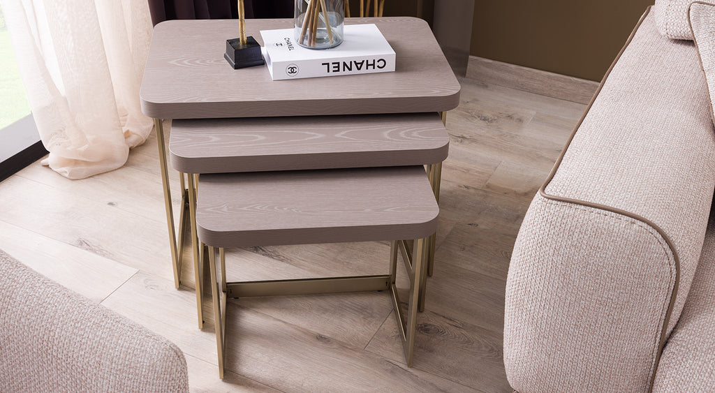 Latte Coffee Table with 2x Poufs & Nesting Side Table Set