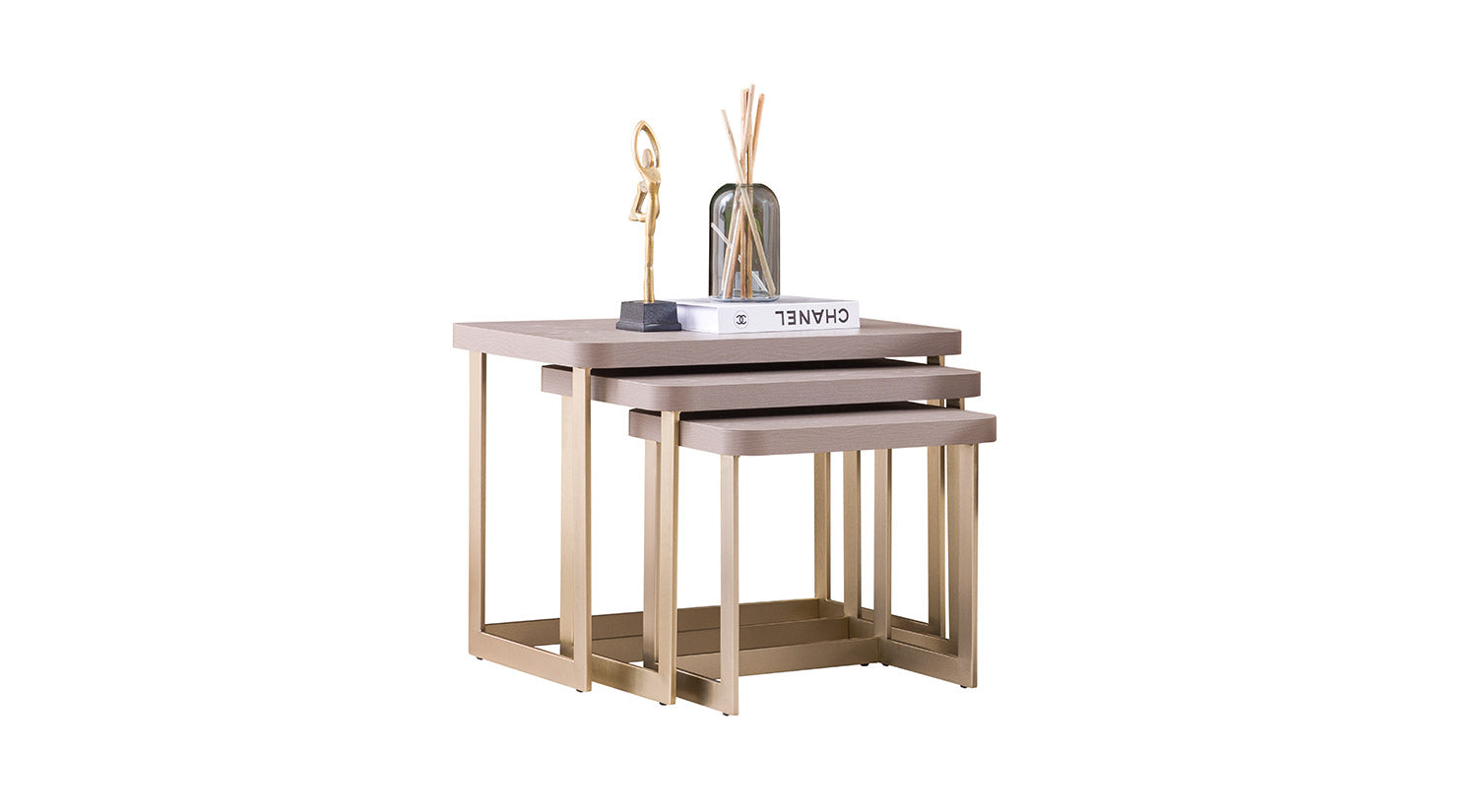 Latte Coffee Table with 2x Poufs & Nesting Side Table Set