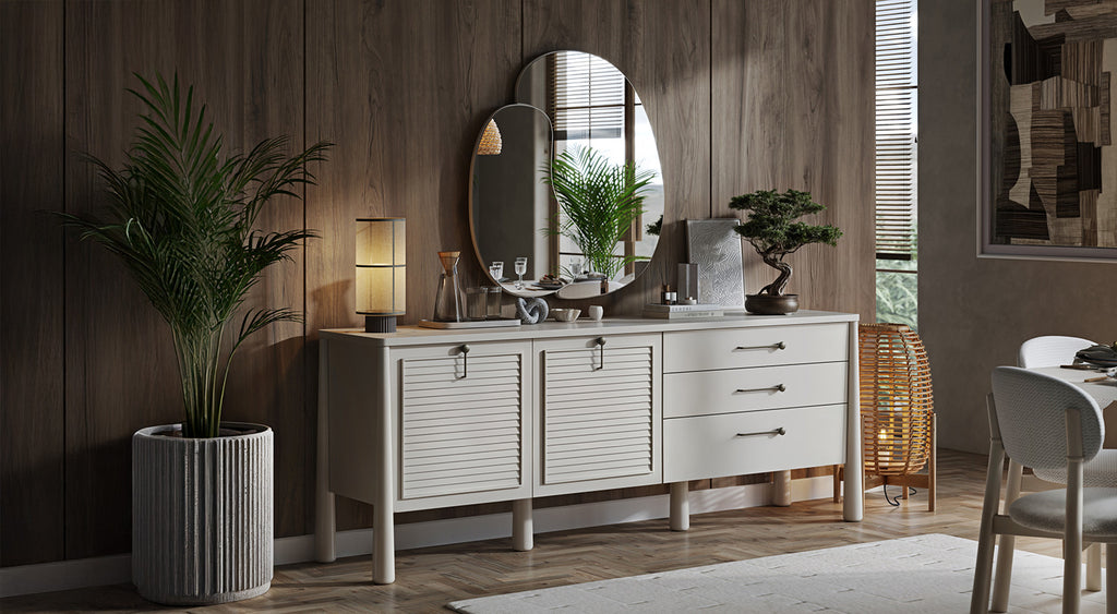 Salda Dining Room Set - (extendable table + 6x chairs + mirrored console cabinet)