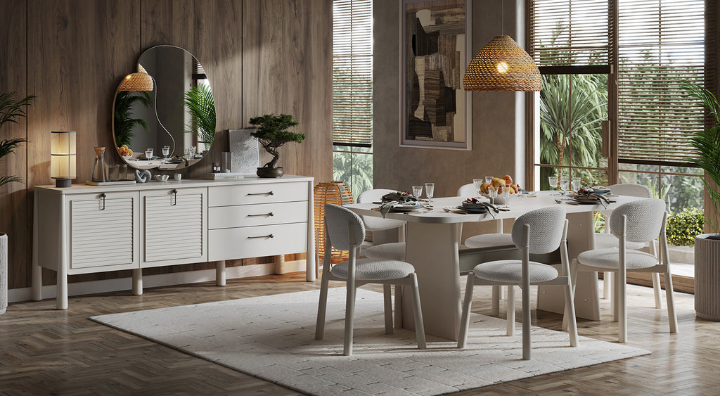 Salda Dining Room Set - (extendable table + 6x chairs + mirrored console cabinet)